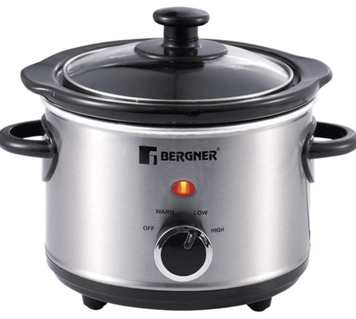 Bergner Elite Electric Cooker, 160W, 2.5 L for Low & High Temperature Food Warming/Slow Cooking, Ceramic Pot with Glass Lid, Body Stainless Steel, Pot & Lid Dishwasher Ready, Cool Touch Handling